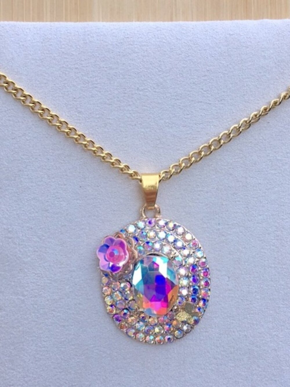 Pink Flower + Butterfly Aurora Borealis Pave Crystal Gold Pendant Necklace